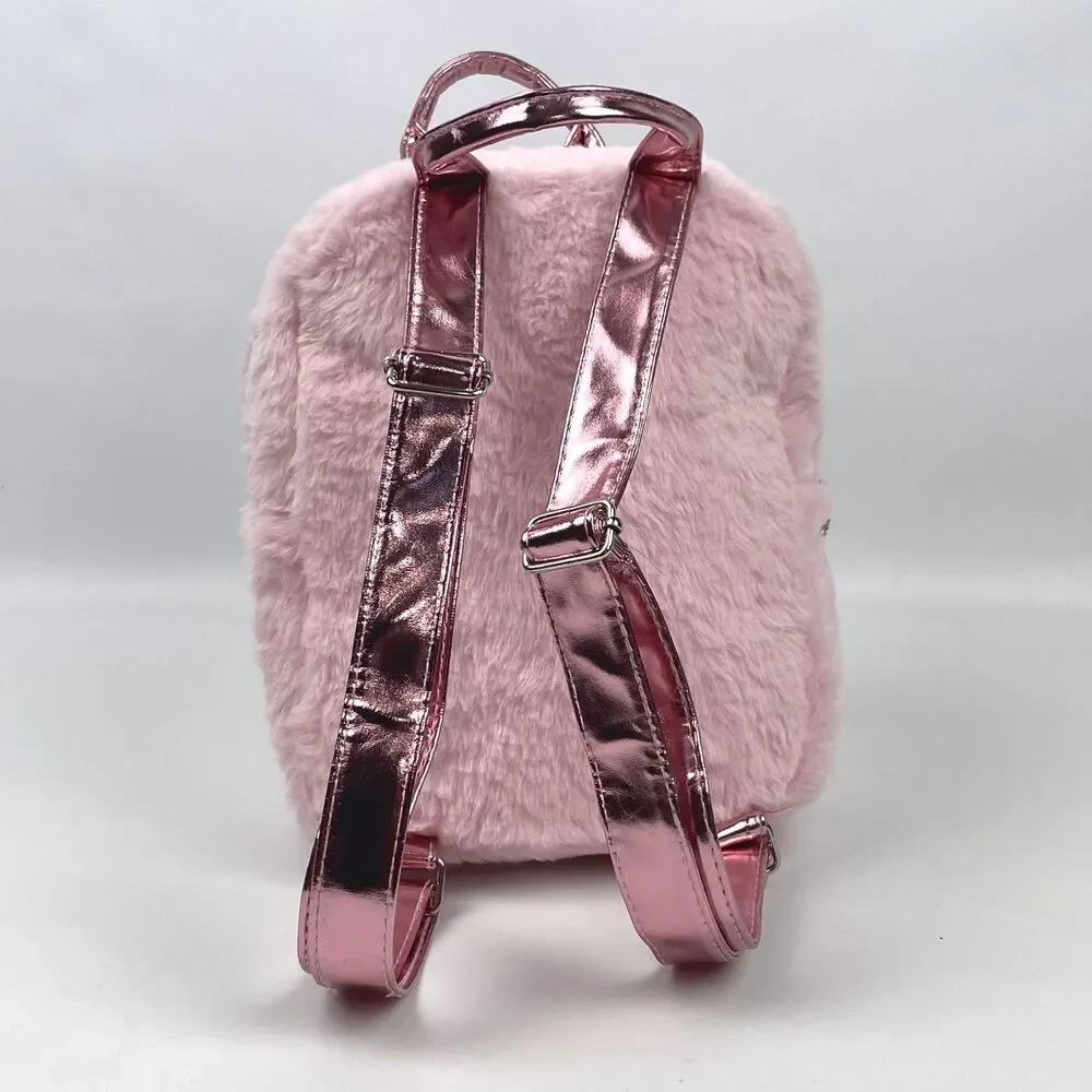 Disney Minnie Mouse Faux Fur Mini Backpack Pink Fuzzy Sequin Bag EUC